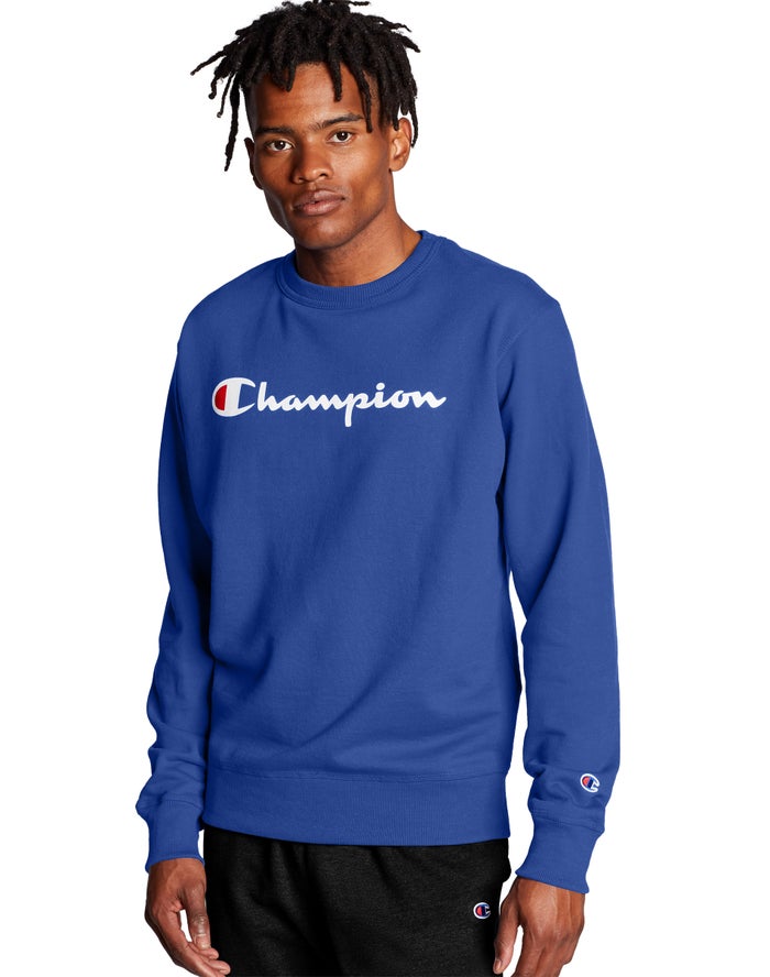 Hanorac Champion Powerblend Fleece Crew Script Logo Barbati Albastri - Romania HGEOFCR-17